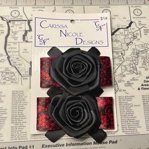 New! Black rosette and red printed ribbon shoe clips